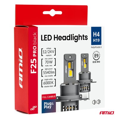 LED Forlygter Serie F25 PRO SORT FULL CANBUS H4 H19 70W 12V 24V AMIO-04719