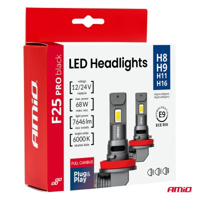 LED Hovedlygter Serie F25 PRO SORT FULL CANBUS H8 H9 H11 H16 68W 12V 24V AMIO-04721