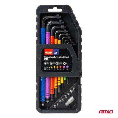 Imbus hex-nøgler med bits sæt 18 stk CRV AMIO-04787