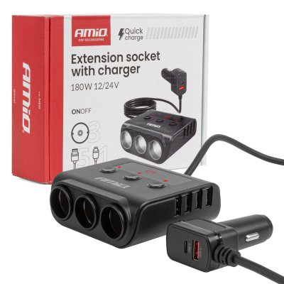 Forlængerstik med oplader 4xUSB-A QC3.0 PD 3.0 180 W AMIO-04835