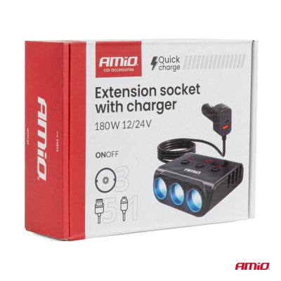 Forlængerstik med oplader 4xUSB-A QC3.0 PD 3.0 180 W AMIO-04835