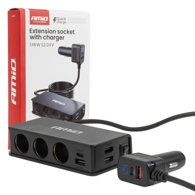 Forlængersokkel med charger 3xUSB-A USB-C QC 3.0 PD 3.0. 148W AMIO-04836