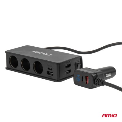 Forlængersokkel med charger 3xUSB-A USB-C QC 3.0 PD 3.0. 148W AMIO-04836