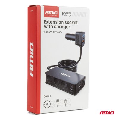 Forlængersokkel med charger 3xUSB-A USB-C QC 3.0 PD 3.0. 148W AMIO-04836