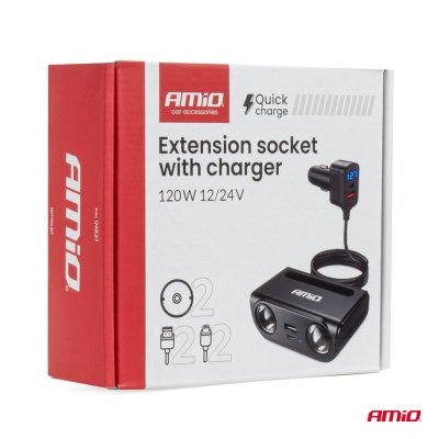 Forlængerstik med oplader USB-C USB-A QC3.0 PD3.0 120W AMIO-04837