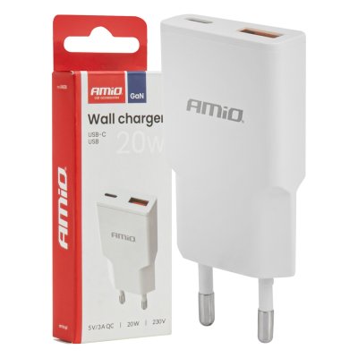 Vægoplader 230V 20W GaN USB-C USB-A AMIO-04838