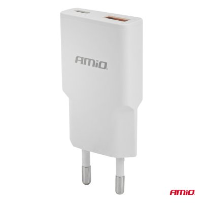 Vægoplader 230V 20W GaN USB-C USB-A AMIO-04838