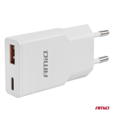 Vægoplader 230V 20W GaN USB-C USB-A AMIO-04838