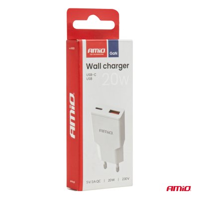 Vægoplader 230V 20W GaN USB-C USB-A AMIO-04838