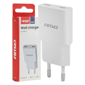 Vægoplader 230V 30W GaN 2xUSB-C AMIO-04839