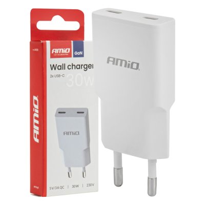 Vægoplader 230V 30W GaN 2xUSB-C AMIO-04839