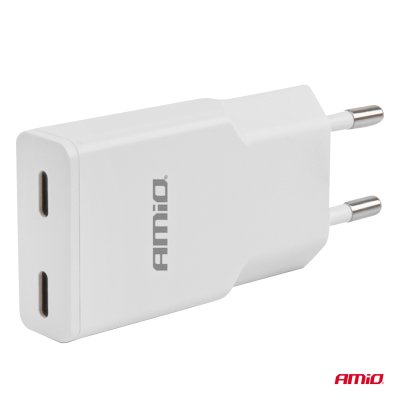 Vægoplader 230V 30W GaN 2xUSB-C AMIO-04839