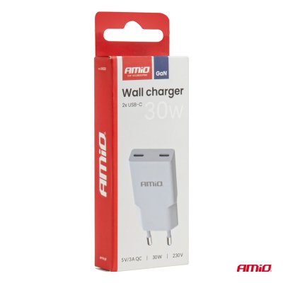 Vægoplader 230V 30W GaN 2xUSB-C AMIO-04839
