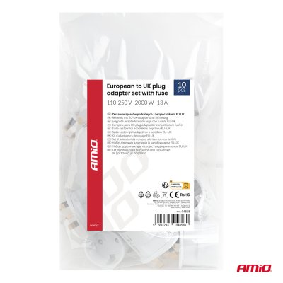 Adapter sæt fra europæisk til UK stik med sikring 10 stk 13A 250V AMIO-04858