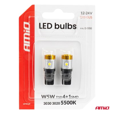 LED pærer CANBUS T10 3030 4SMD + 3020 1SMD Hvid 12/24V AMIO-04990