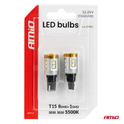 LED pærer STANDARD T15 3030 8SMD + 3020 1SMD Hvid 12/24V AMIO-04991