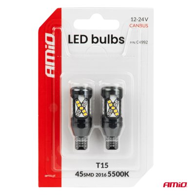 LED pærer CANBUS T15 2016 45SMD Hvid 12/24V AMIO-04992