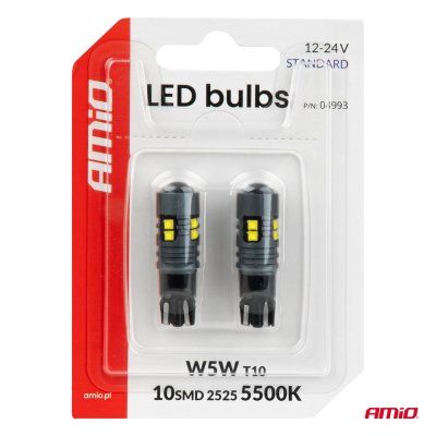 LED-pærer STANDARD T10 2525 10SMD Hvid 12/24V AMIO-04993