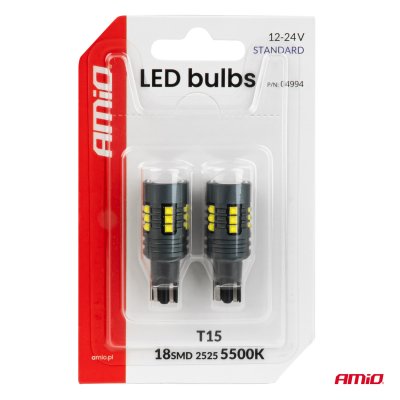 LED-pærer STANDARD T15 2525 18SMD Hvid 12/24V AMIO-04994