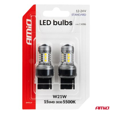 LED pærer STANDARD 7440 W21W 3030 15SMD Hvid 12/24V AMIO-04996