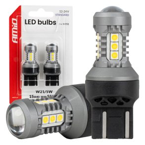 LED pærer STANDARD 7443 W21/5W 3030 15SMD Hvid 12/24V AMIO-04998