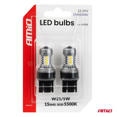 LED pærer STANDARD 7443 W21/5W 3030 15SMD Hvid 12/24V AMIO-04998