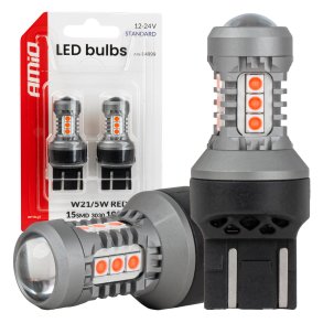 LED-pærer STANDARD 7443 W21/5W 3030 15SMD Rød 12/24V AMIO-04999
