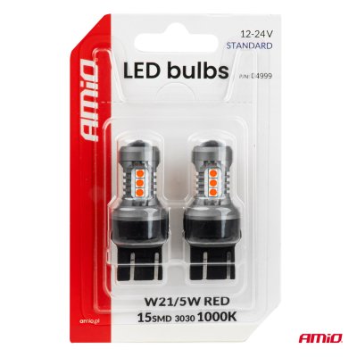 LED-pærer STANDARD 7443 W21/5W 3030 15SMD Rød 12/24V AMIO-04999