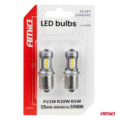 LED pærer STANDARD BA15S P21W 3030 15SMD Hvid 12/24V AMIO-05000