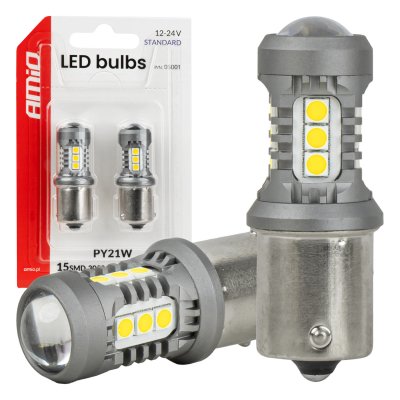 LED pærer STANDARD BAU15S PY21W 3030 15SMD Hvid 12/24V AMIO-05001