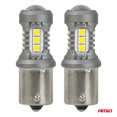 LED pærer STANDARD BAU15S PY21W 3030 15SMD Hvid 12/24V AMIO-05001