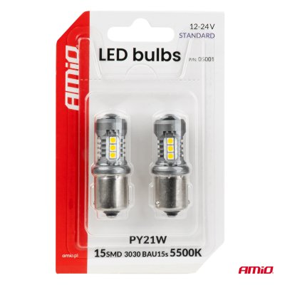 LED pærer STANDARD BAU15S PY21W 3030 15SMD Hvid 12/24V AMIO-05001