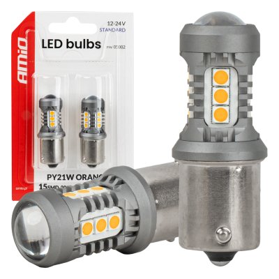 LED pærer STANDARD BAU15S PY21W 2x1860SMD 3030 15SMD Orange 12/24V AMIO-05002