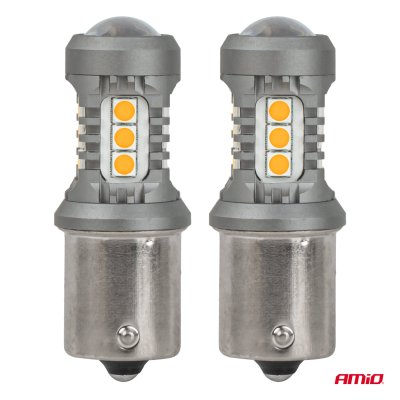 LED pærer STANDARD BAU15S PY21W 2x1860SMD 3030 15SMD Orange 12/24V AMIO-05002