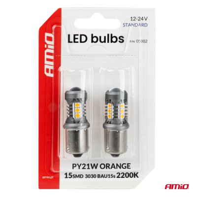 LED pærer STANDARD BAU15S PY21W 2x1860SMD 3030 15SMD Orange 12/24V AMIO-05002