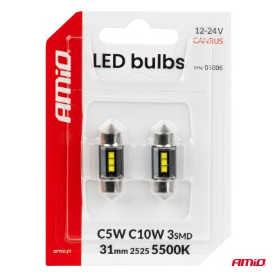 LED-pærer CANBUS 31mm 2525 3SMD Hvid 12/24V AMIO-05006