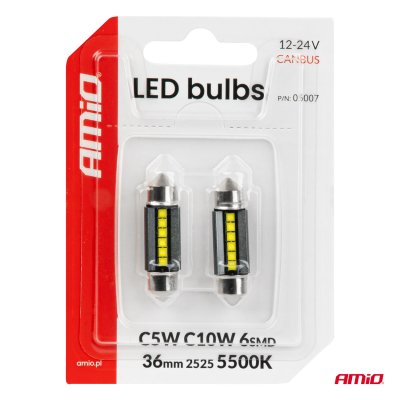LED-pærer CANBUS 36mm 2525 6SMD Hvid 12/24V AMIO-05007