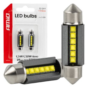 LED pærer CANBUS 39mm 2525 6SMD Hvid 12/24V AMIO-05008