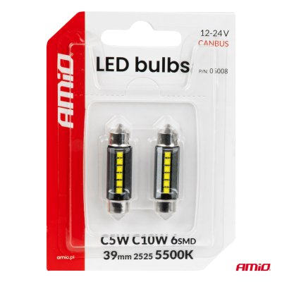 LED pærer CANBUS 39mm 2525 6SMD Hvid 12/24V AMIO-05008