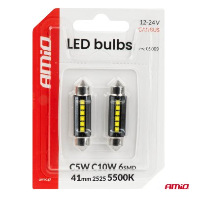 LED-pærer CANBUS 41mm 2525 6SMD Hvid 12/24V AMIO-05009