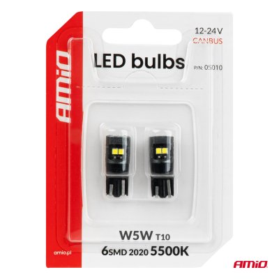 LED pærer CANBUS T10 2020 6SMD Hvid 12/24V AMIO-05010