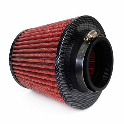 Bil Air Conical Filter rød/kulfiber, universel, 3 monteringsadaptere AMIO-01713
