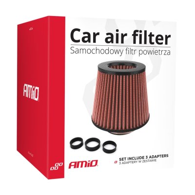 Bil Air Conical Filter rød/kulfiber, universel, 3 monteringsadaptere AMIO-01713