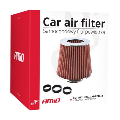 Bil Luft Konisk Filter rød/krom, universel, 3 monteringsadaptere AMIO-01282