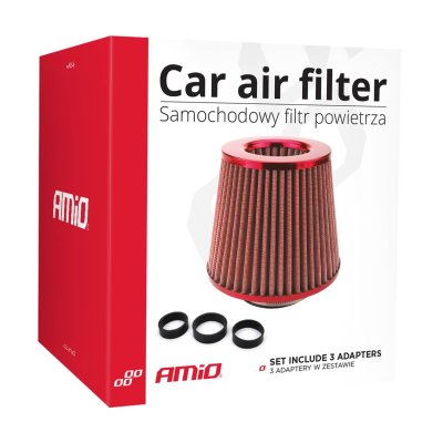Bil Luft Konisk Filter rød, universel, 3 monteringsadaptere AMIO-01042