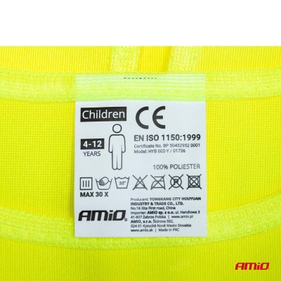 Refleksvest til børn gul med certifikat AMIO-01736