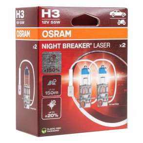 Halogenpære Osram H3 12V 55W PK22S NIGHT BREAKER LASER +150%/2 stk.