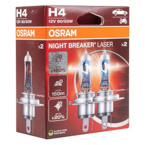 Halogenpære Osram H4 12V 60/55W P43t NIGHT BREAKER LASER +150%/2 stk