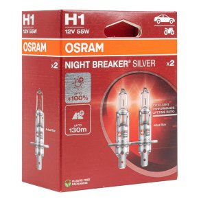Halogenpære Osram H1 12V 55W P14,5s NIGHT BREAKER SILVER +100% /2 stk