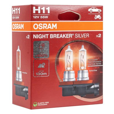 Halogenpære Osram H11 12V 55W PGJ19-2 NIGHT BREAKER SILVER+100% /2stk